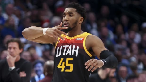 Utah Jazz guard Donovan Mitchell (45) reacts against the Dallas Mavericks during the second quarter in game two of the first round of the 2022 NBA playoffs at American Airlines Center.